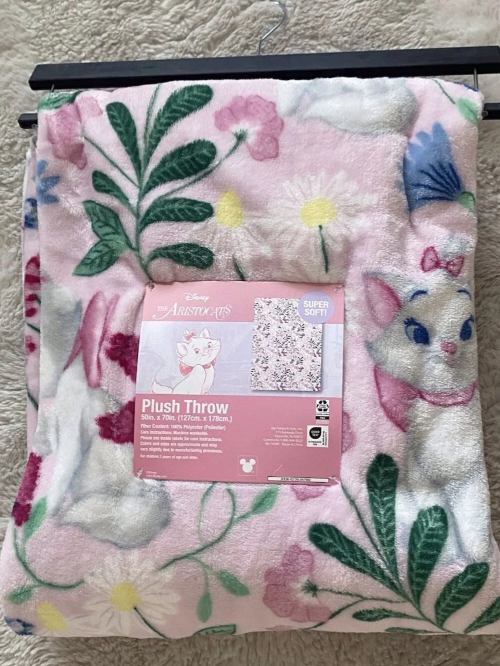 Disney Aristocats Marie Kitten Pink Floral‎ Soft Throw Blanket 50” X 70” NEW